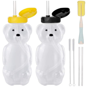 2 Pack Honey Bear Straw Cups With 4 Flexible Straws And Cleaning Tools(2 Straw Brushes &1 Bottle Brush), 8-Ounce Therapy Sippy Bottles For Speech And Feeding Training, Leak-Proof And Food-Grade And BPA Free